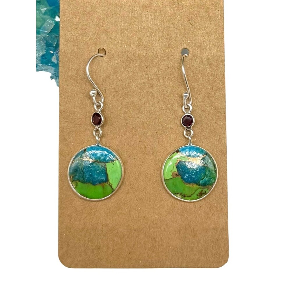 Green & Blue Kingman Mine Turquoise Garnet Earrings Solid 925 Sterling Silver